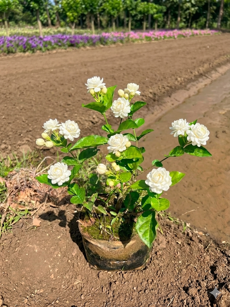 Arabian jasmine mogra plant with white fragrant flowers in garden pot